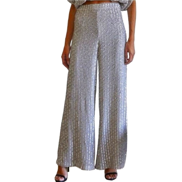 By Together Pants - By Together Shimmering Silver Wide-Leg Pants